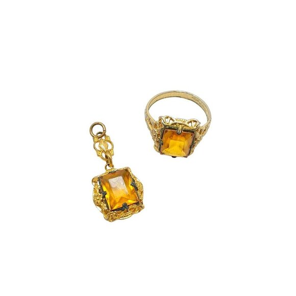 UNCAS Citrine Colored Rhinestone Filigree Ring Pendant Set Gold Tone Vintage - Picture 1 of 7